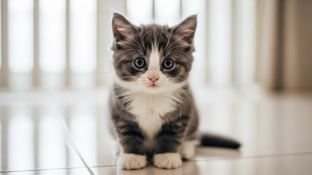 A cute grey and white kitten looking directly at the camera, sitting on a shiny floor with a blurred background.の素材