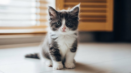 A small grey and white kitten sitting on a light floor near a windowの素材