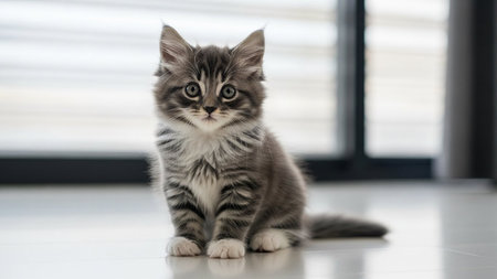 A cute grey tabby kitten sitting on a white floor looking directly at the camera.の素材