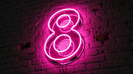Glowing pink neon number eight on a dark brick wall backgroundの素材