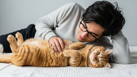 Young man lying on bed with orange catの素材