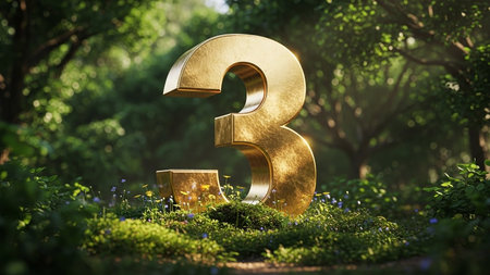 Shiny gold number three on mossy groundの素材