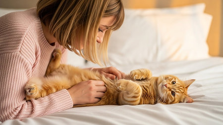 Young woman gently pets orange cat lying on white bed sheetsの素材