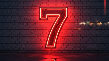 Glowing red neon number seven on a dark brick wall at nightの素材