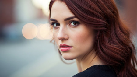 Close-up portrait of a young woman with red hair and blue eyesの素材