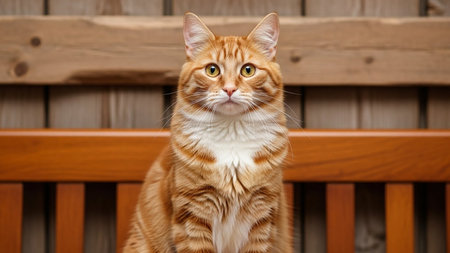 A domestic orange tabby cat sitting on a wooden bench looking directly at the camera.の素材