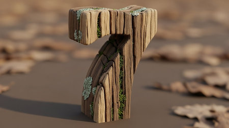 A worn wooden T-shaped object partially buried in dry dirt surrounded by fallen leavesの素材