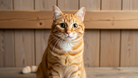 A domestic orange tabby cat sitting on a wooden bench, looking directly at the camera.の素材