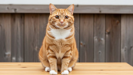 A domestic orange tabby cat sitting on a light wooden table against a dark wooden fence background.の素材