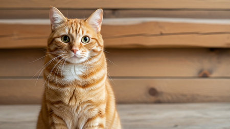 A domestic orange tabby cat sitting on a wooden floor in front of a log cabin wall.の素材