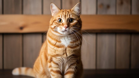 A domestic orange tabby cat sitting on a wooden floor looking directly at the camera.の素材