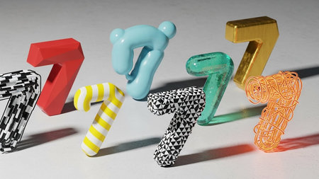 Assorted colorful 3D numbers arranged on a white surface, showcasing different patterns and hues.の素材