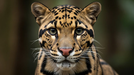 Detailed view of a leopards face with sharp whiskers and intense gazeの素材