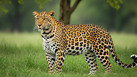A leopard standing in a lush green field with trees in the backgroundの素材