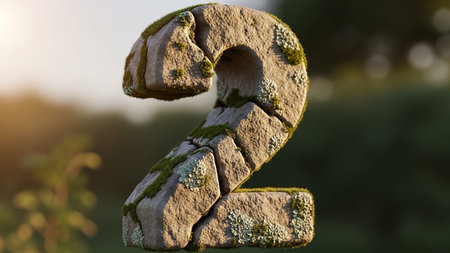 A stone sculpture of the number two in a serene garden settingの素材