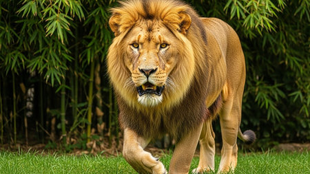 A majestic lion with a thick mane walking through a bamboo forestの素材