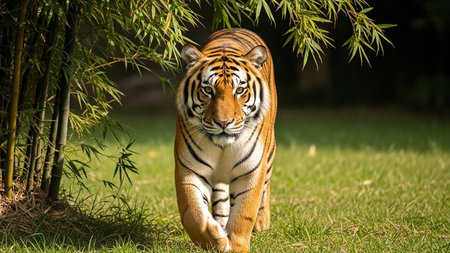 A majestic tiger walking towards the camera in a forest clearing with green grass and treesの素材