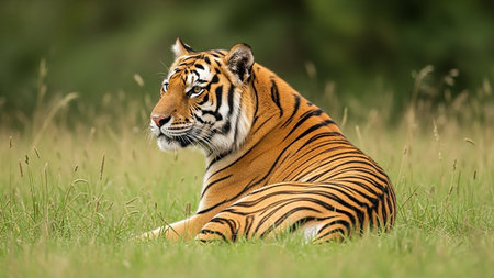 A majestic tiger resting in a lush green meadow, surrounded by tall grass and foliage.の素材