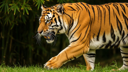 A majestic tiger strides through dense forest undergrowth, its orange and black stripes standing out against the green foliage.の素材
