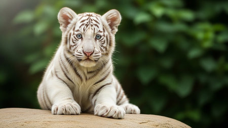 A white tiger cub resting on a rock in a natural setting with greenery in the background.の素材