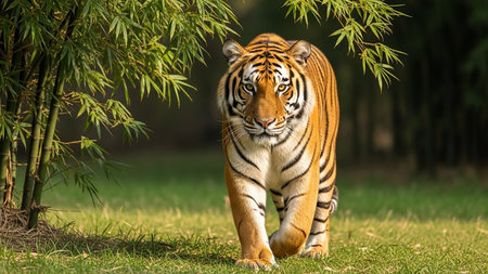 A majestic tiger walking towards the camera in a lush green forestの素材
