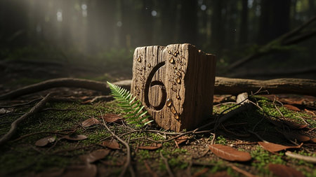 A wooden block with the number six carved into it, surrounded by forest foliage and debris.の素材
