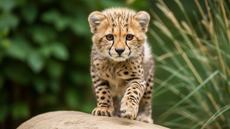 Young cheetah standing on a rock in a natural setting with greeneryの素材
