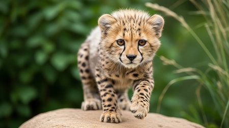 Young cheetah cub standing on a rock in a natural setting with greenery aroundの素材