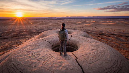 Person standing on unique rock formation during vibrant desert sunsetの素材