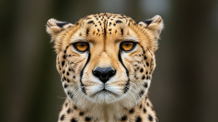 A detailed view of a cheetahs face, showcasing its distinctive features and fur pattern.の素材