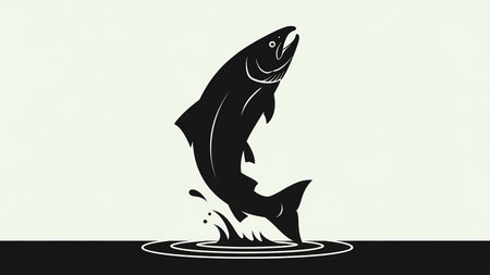 Stylized black fish jumping out of water on white backgroundの素材