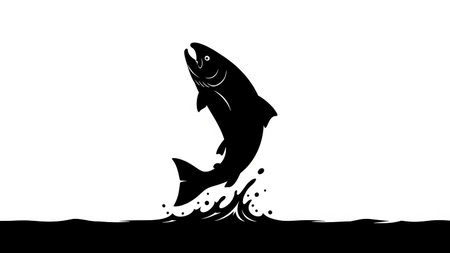 Vector illustration of a fish jumping out of water, black silhouette on white background.の素材