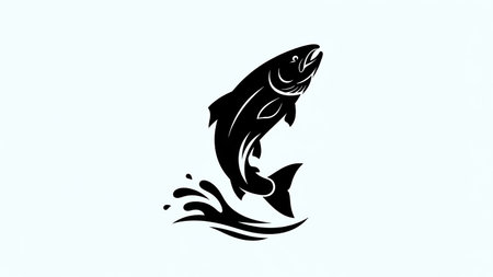 Simple black fish silhouette jumping out of water with splashesの素材