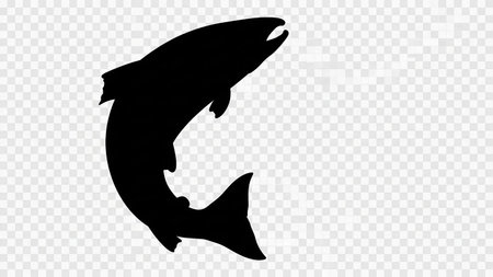 Simple black silhouette of a leaping fish on a transparent backgroundの素材