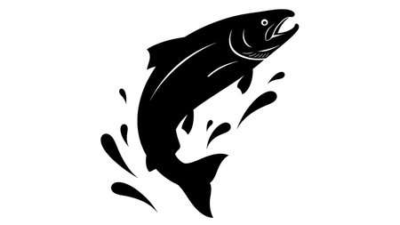 Graphic illustration of a black fish jumping out of water against a white backgroundの素材