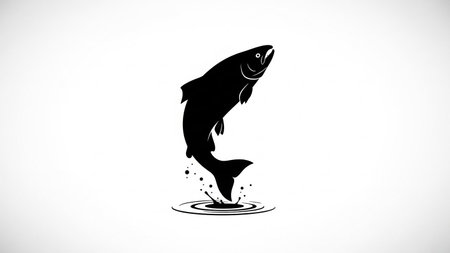 Simple black illustration of a fish jumping out of water against a white backgroundの素材