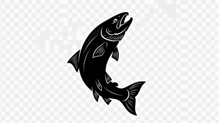 Graphic illustration of a salmon fish in black silhouette on a transparent backgroundの素材