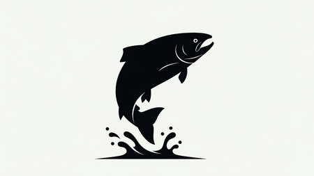 Vector illustration of a fish jumping out of water, depicted in black silhouette against a plain background.の素材