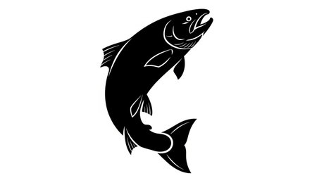 Simple black and white illustration of a jumping fish on a plain white backgroundの素材