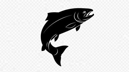 Simple black illustration of a fish jumping out of the water, isolated on a transparent background.の素材