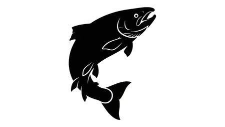 Simple black illustration of a salmon jumping out of the water, isolated on a white background.の素材