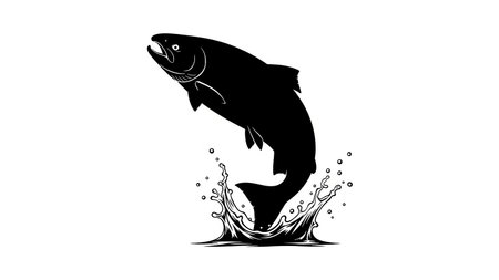 Graphic illustration of a fish jumping out of water, depicted in black silhouette against a white background.の素材