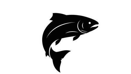 Simple black illustration of a fish jumping out of the water, isolated on a white background.の素材