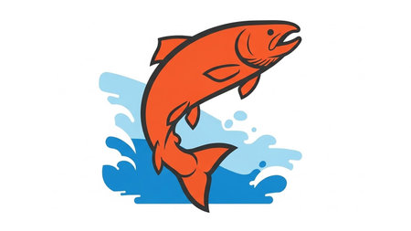 Illustration of an orange fish leaping from the water with dynamic splash effectの素材