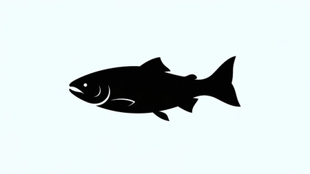 Simple black silhouette of a salmon fish on a white backgroundの素材