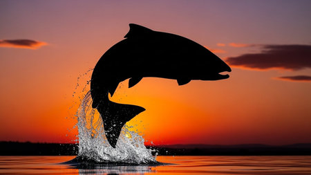 Silhouette of a dolphin leaping from the ocean during a vibrant sunsetの素材