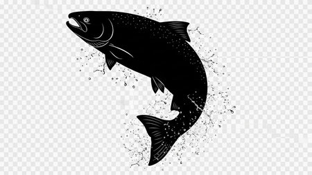 A black silhouette of a salmon fish jumping out of water, isolated on a transparent background.の素材