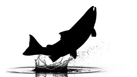 Black silhouette of a salmon leaping from the water against a white backgroundの素材