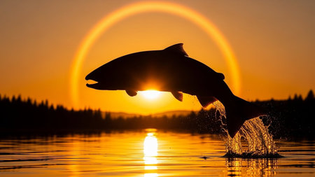 Silhouette of a dolphin jumping out of the ocean during a vibrant orange sunset.の素材