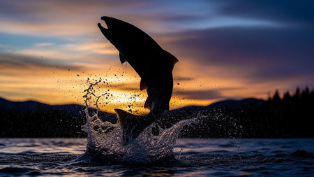 Silhouette of a salmon jumping out of the water during a beautiful sunsetの素材